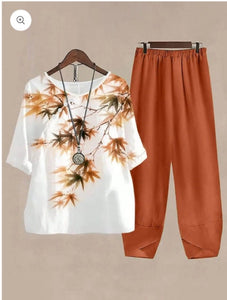 Cosy & Stylish: Rust Orange Coord Set with Leaf Patterns