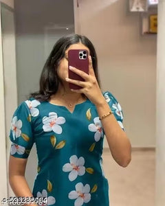 "Trendy Teal Floral Printed Sheer Kurti with Short Sleeves"