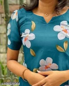 "Trendy Teal Floral Printed Sheer Kurti with Short Sleeves"
