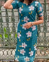 "Trendy Teal Floral Printed Sheer Kurti with Short Sleeves"