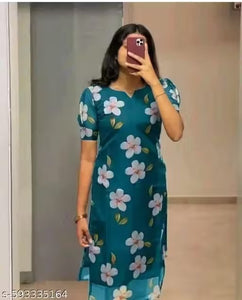 "Trendy Teal Floral Printed Sheer Kurti with Short Sleeves"