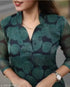 "Elegant Green Leaf Printed Straight Kurti with Sheer Sleeves"