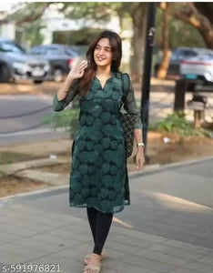 "Elegant Green Leaf Printed Straight Kurti with Sheer Sleeves"