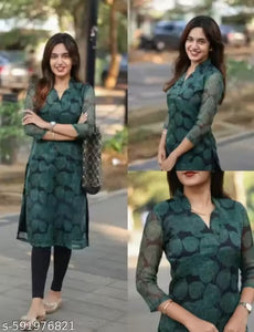 "Elegant Green Leaf Printed Straight Kurti with Sheer Sleeves"