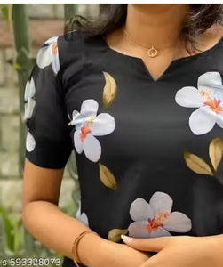 "Trendy Black Floral Printed Sheer Kurti with Short Sleeves"