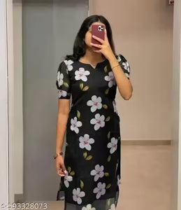 "Trendy Black Floral Printed Sheer Kurti with Short Sleeves"