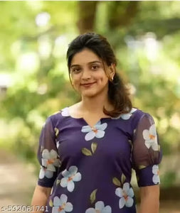 "Trendy Purple Floral Printed Sheer Organza Kurti with Short Sleeves"