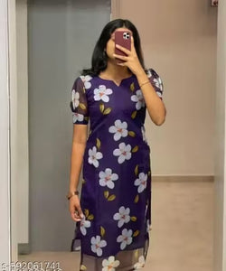 "Trendy Purple Floral Printed Sheer Organza Kurti with Short Sleeves"