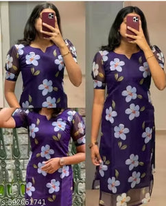 "Trendy Purple Floral Printed Sheer Organza Kurti with Short Sleeves"