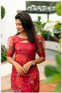 "Charming Red Floral Organza Kurti with Sheer Puff Sleeves"