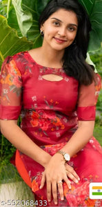 "Charming Red Floral Organza Kurti with Sheer Puff Sleeves"