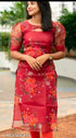 "Charming Red Floral Organza Kurti with Sheer Puff Sleeves"
