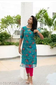 Women's Teal Blue Floral Printed Straight Kurti – Sheer Design with 3/4th Sleeves & Keyhole Neckline | Casual & Everyday Wear