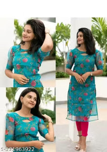 Women's Teal Blue Floral Printed Straight Kurti – Sheer Design with 3/4th Sleeves & Keyhole Neckline | Casual & Everyday Wear