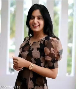 "Stylish Black Floral Organza Kurti with Puff Sleeves"