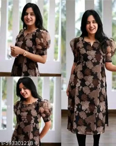 "Stylish Black Floral Organza Kurti with Puff Sleeves"