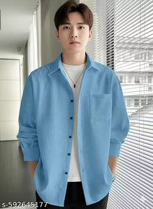 "Men's Stylish Sky blue Textured Waffle Shirt | Casual Half Sleeve Button Down Shirt for Men"