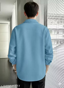 "Men's Stylish Sky blue Textured Waffle Shirt | Casual Half Sleeve Button Down Shirt for Men"