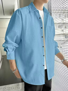 "Men's Stylish Sky blue Textured Waffle Shirt | Casual Half Sleeve Button Down Shirt for Men"