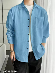 "Men's Stylish Sky blue Textured Waffle Shirt | Casual Half Sleeve Button Down Shirt for Men"