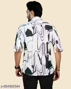 “Trendy Men’s Half Sleeve Printed Shirt – Stylish Black & White Abstract Design”