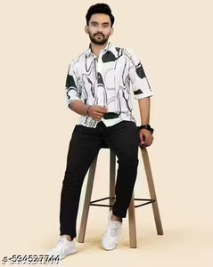 “Trendy Men’s Half Sleeve Printed Shirt – Stylish Black & White Abstract Design”
