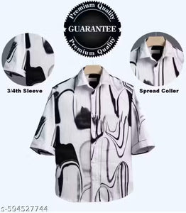 “Trendy Men’s Half Sleeve Printed Shirt – Stylish Black & White Abstract Design”