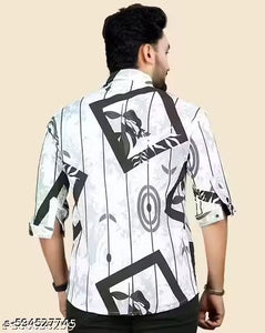 “Trendy Men’s Half Sleeve Printed Shirt – Stylish Black & White Abstract Design”