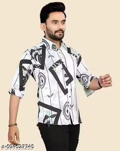 “Trendy Men’s Half Sleeve Printed Shirt – Stylish Black & White Abstract Design”