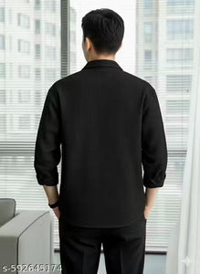 "Men's Stylish Black Textured Waffle Shirt | Casual Half Sleeve Button Down Shirt for Men"